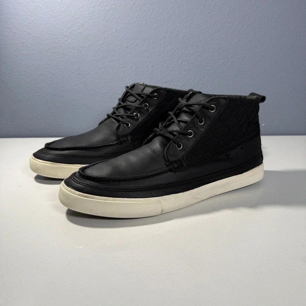 Polo Ralph Lauren Tomas Black Leather Cordura Mid Top Sneaker Boots Mens 10.5D‎